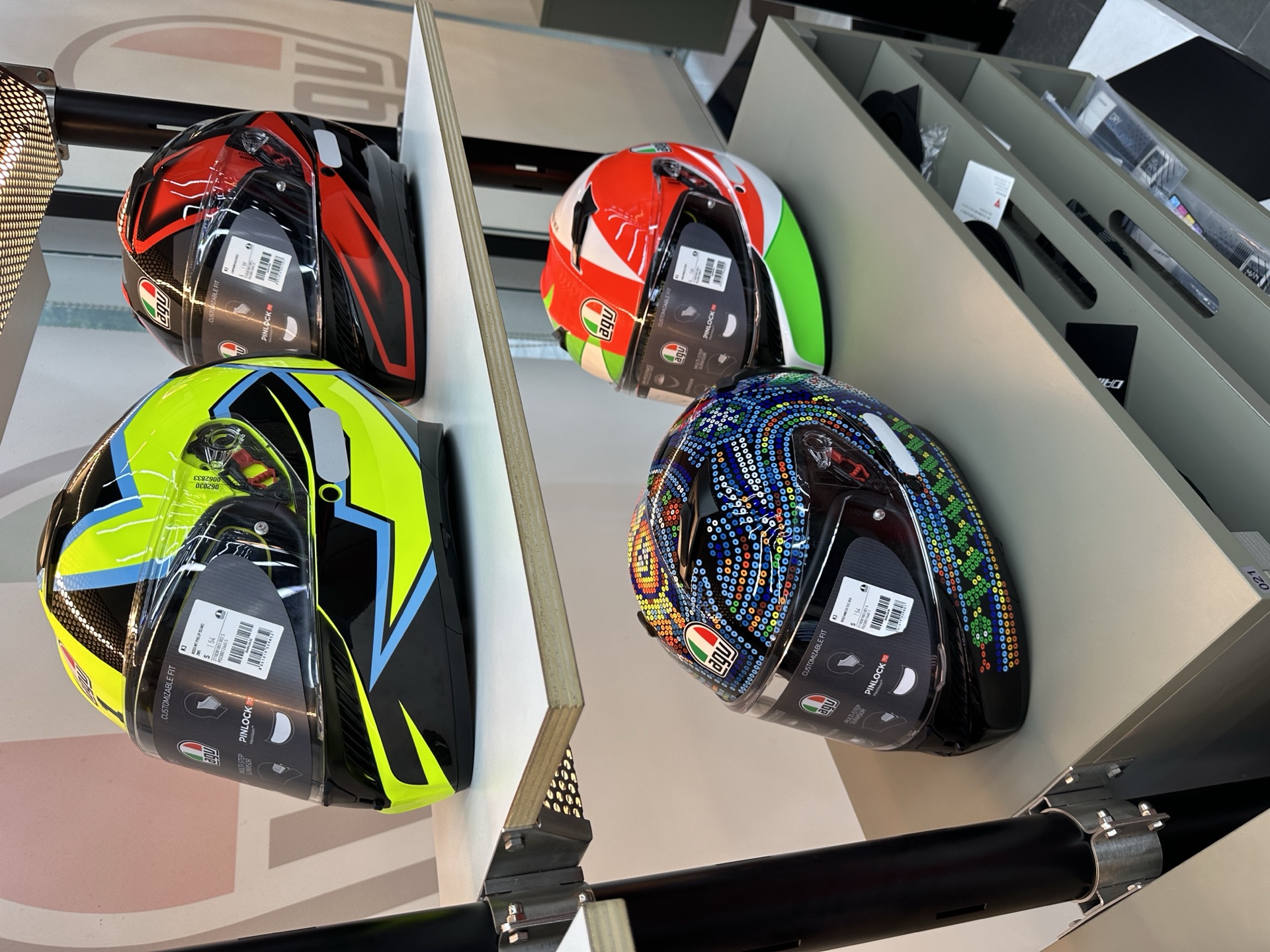 AGV helmet display in the parts department